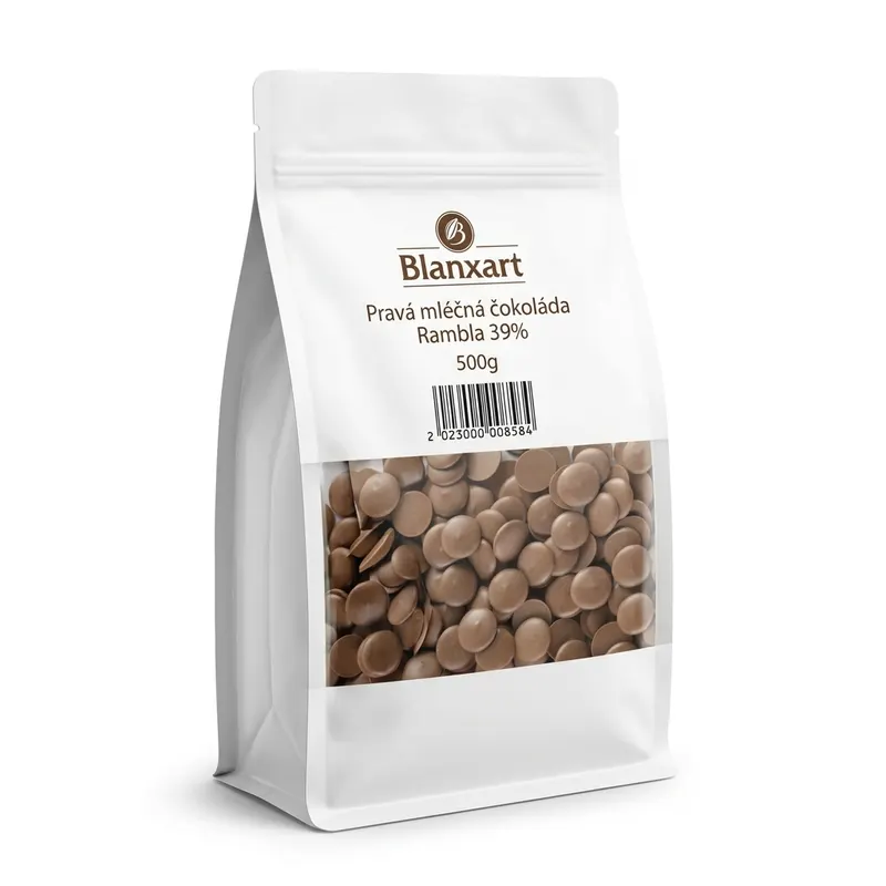 Blanxart Rambla mléčná čokoláda 39 % kakaové sušiny v balení 500 g pro pečení a dekorace