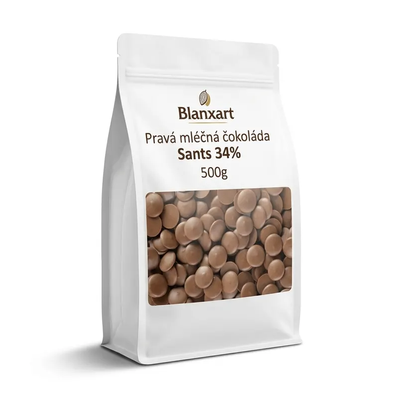 Pravá mléčná čokoláda Blanxart Sants 34% v balení 500 g, vhodná na polevy, náplně a dekorace dortů