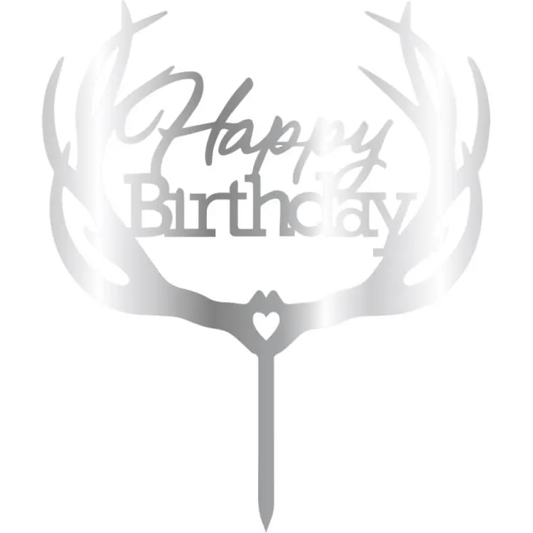 Plastový zápich do dortu Cesil s nápisem Happy Birthday a parohy ve stříbrné barvě na narozeninové dekorování