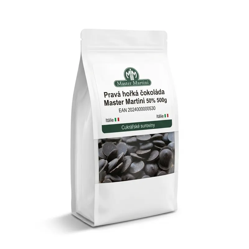 Hořká čokoláda Master Martini 50% v balení 500 g pro cukrářské tvoření a polevy