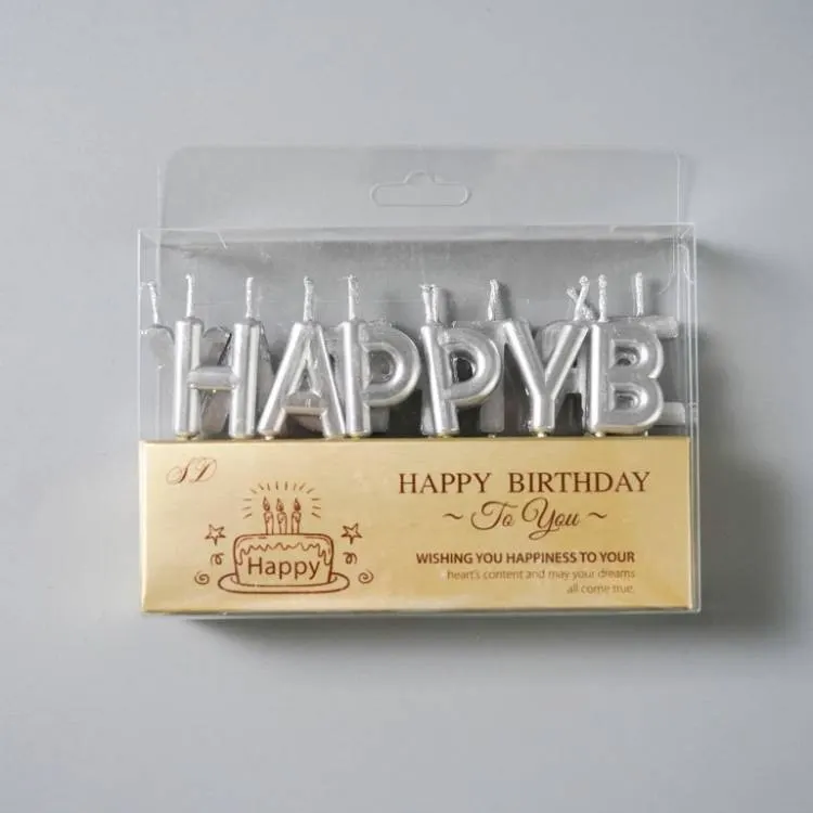 Stříbrné dortové svíčky s nápisem Happy Birthday, 13 kusů v balení na narozeninový dort