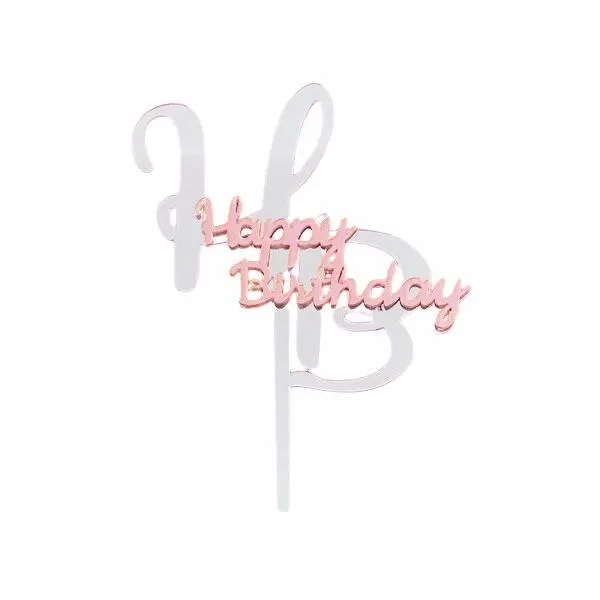 Zápich do dortu ve stříbrno-růžovém provedení s nápisem Happy Birthday k dekoraci narozeninových dortů a cupcakes