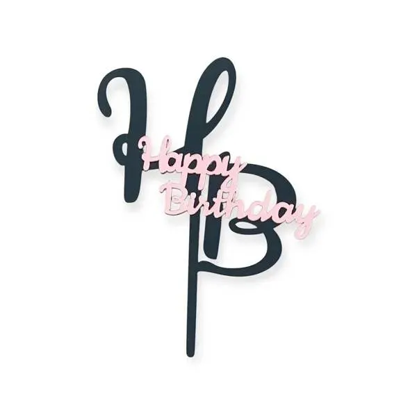 Zápich do dortu v černo-růžové barvě s nápisem Happy Birthday na narozeninovou dekoraci