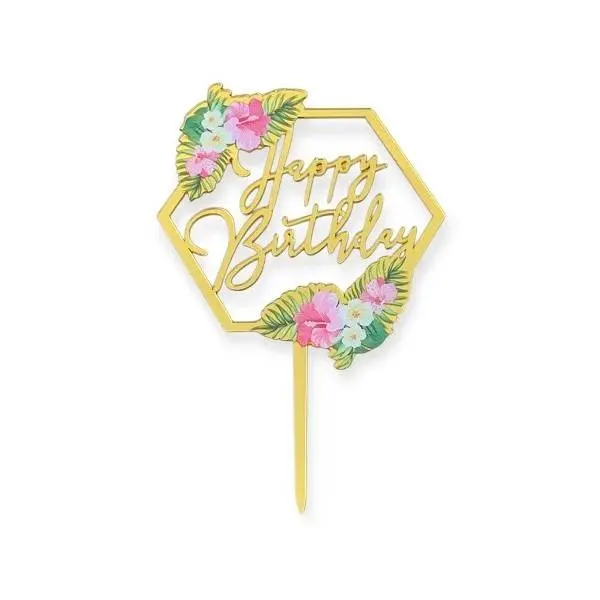 Zápich do dortu ve zlaté barvě s nápisem Happy Birthday v rámečku s květinami