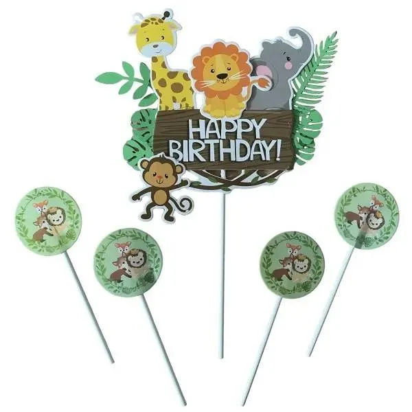 Zápich do dortu s motivem Happy Birthday a zvířátky safari, sada 5 kusů na dětské narozeninové dekorace
