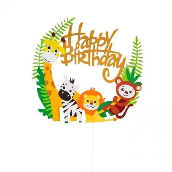 Zápich do dortu s motivem safari a nápisem Happy Birthday pro dětské narozeninové oslavy