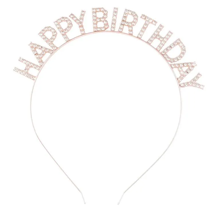 Nejedlá kovová čelenka v růžovo-zlaté barvě s nápisem Happy Birthday na ozdobu dortu nebo oslavy