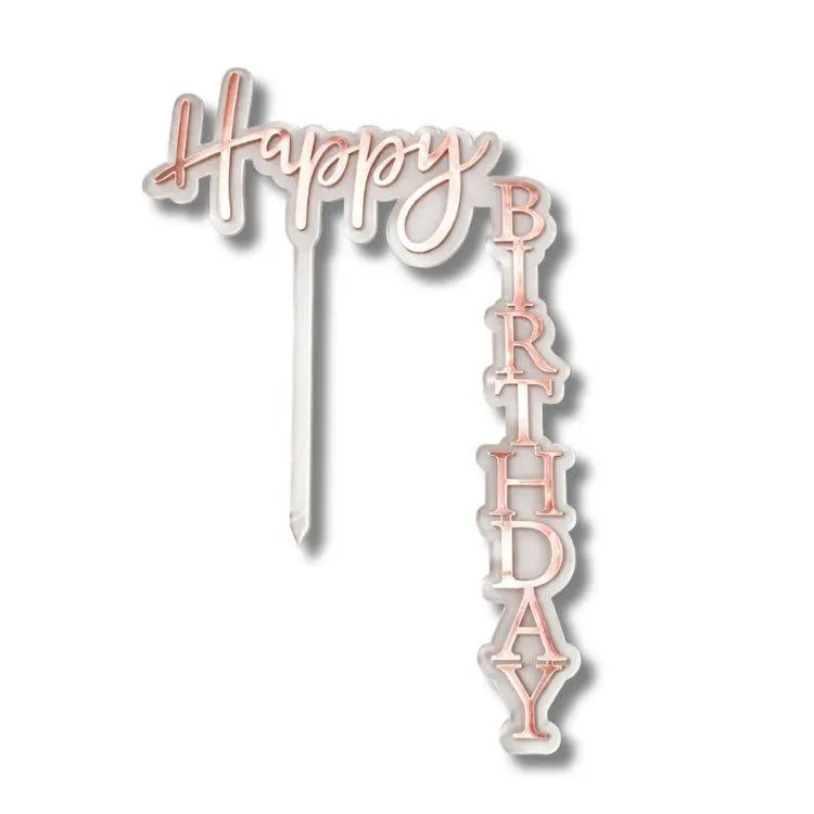 Růžovo-zlatý zápich do dortu s nápisem Happy Birthday na narozeninové oslavy