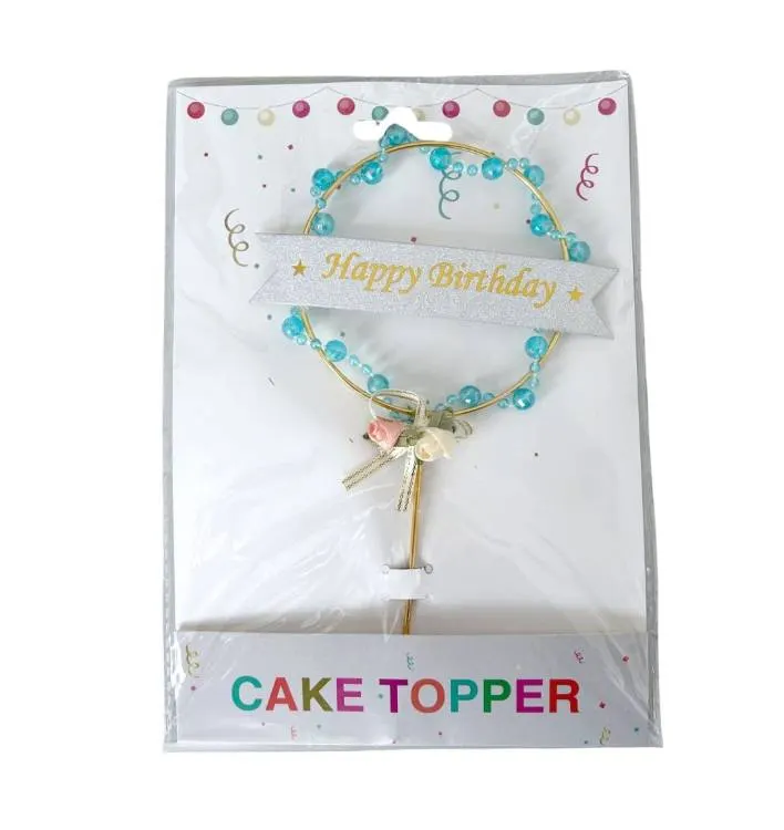 Zlatý zápich do dortu s nápisem Happy Birthday a modrými korálky na narozeninové dekorace
