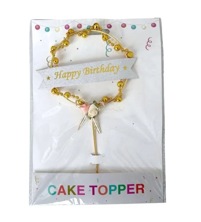 Zlatý zápich do dortu s nápisem Happy Birthday a zlatými korálky na narozeninové dekorace
