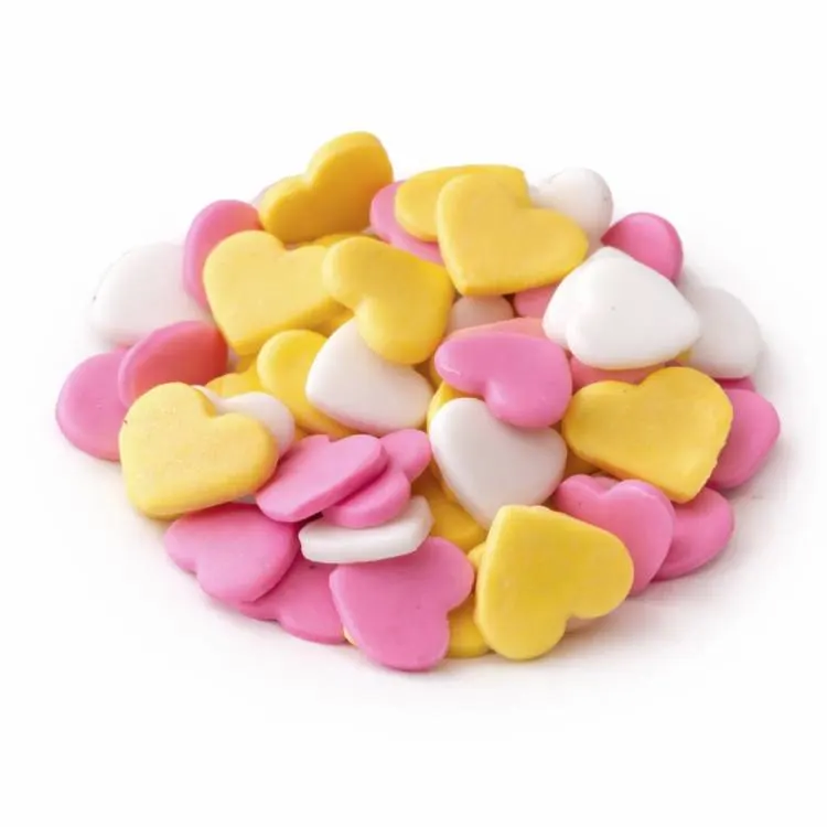 Cukrová srdíčka SweetArt v bílé, žluté a růžové barvě, 50 kusů na zdobení dortů a cukrářských výrobků