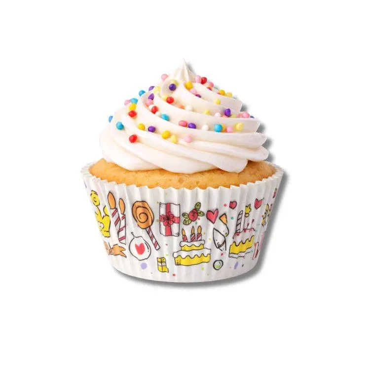 Papírové košíčky na muffiny s narozeninovým motivem, balení 100 kusů pro pečení muffinů a cupcakes