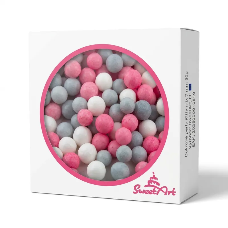 Cukrové perly SweetArt Kitty o průměru 7 mm v růžové a šedé barvě na zdobení dortů a dezertů