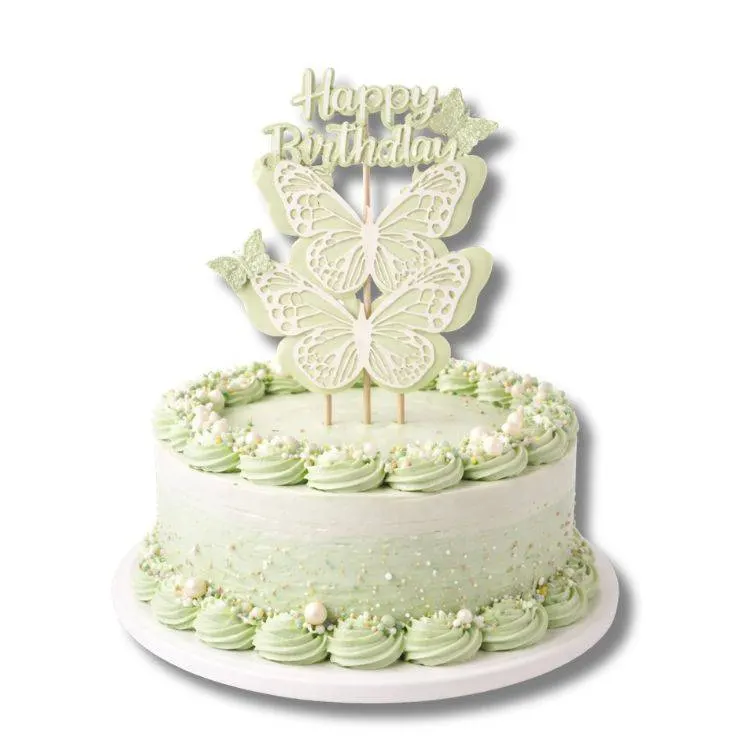 Zelené zápichy do dortu s motýlky a nápisem Happy Birthday, balení 4 ks, na narozeninovou dekoraci