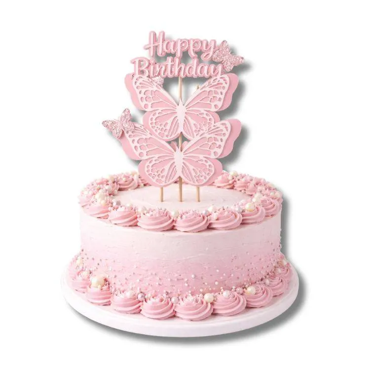 Růžové zápichy do dortu Happy Birthday s motýlky, sada 4 kusů na dekoraci narozeninových dortů