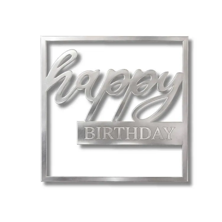 Plastová stříbrná dekorace na dort s nápisem Happy Birthday ve čtvercovém rámečku bez zápichu