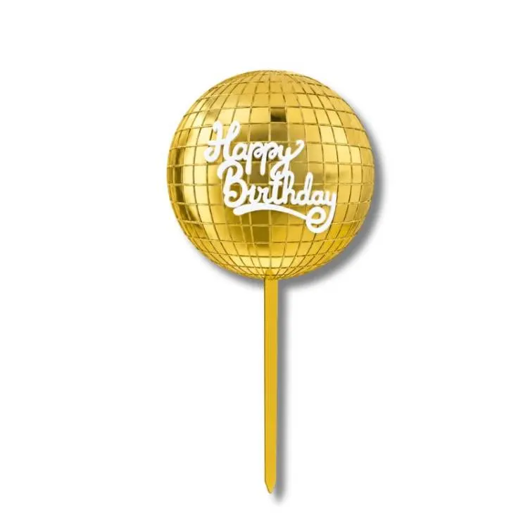 Plastový zápich do dortu ve tvaru zlaté diskokoule s nápisem Happy Birthday