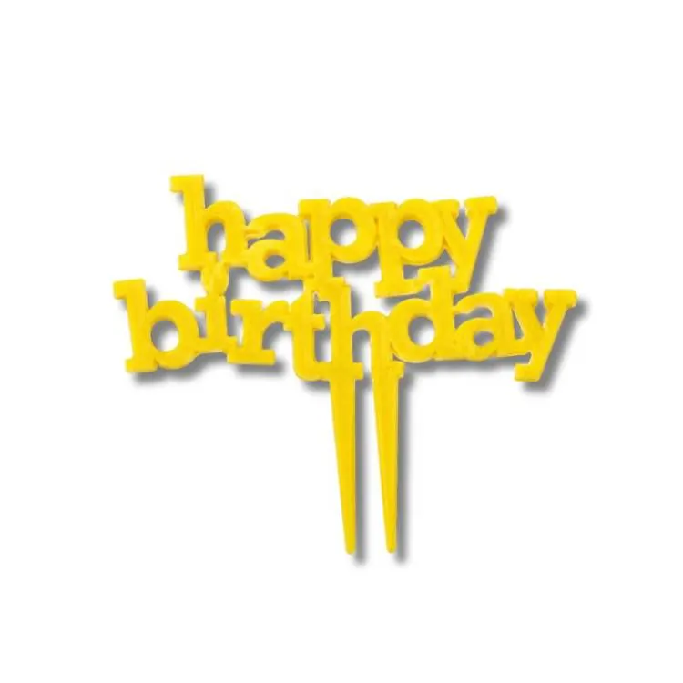 Žlutý plastový zápich do dortu s nápisem Happy Birthday a hvězdičkami pro narozeninové dekorace
