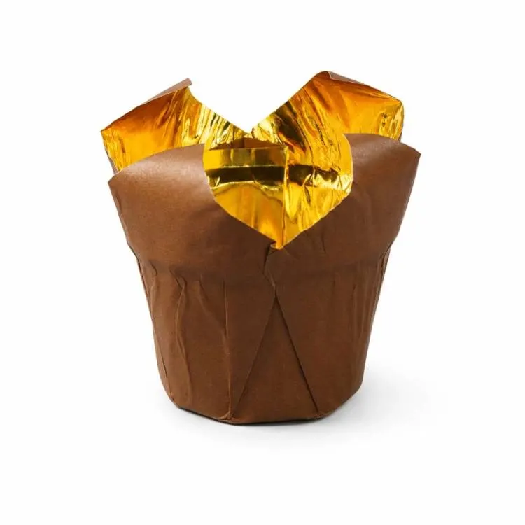 Papírové košíčky Tulip v hnědo-zlatém provedení na muffiny a cupcakes, 50 kusů o velikosti 5 x 7 cm