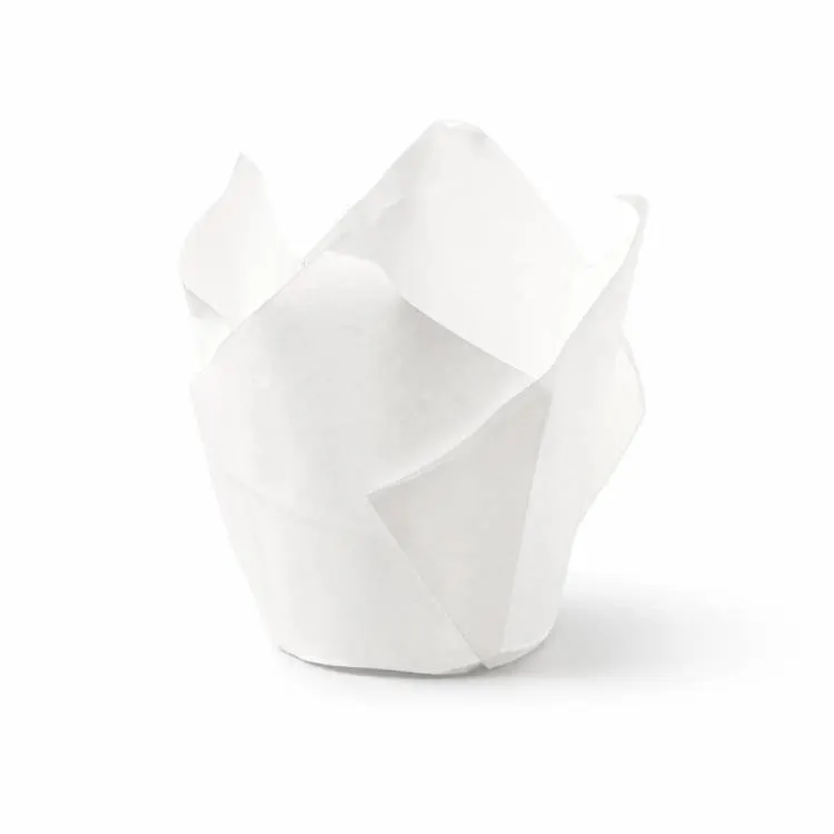 Bílé papírové košíčky Tulip na muffiny a cupcakes s vyvýšenými cípy, 50 kusů, průměr 5 x 8 cm