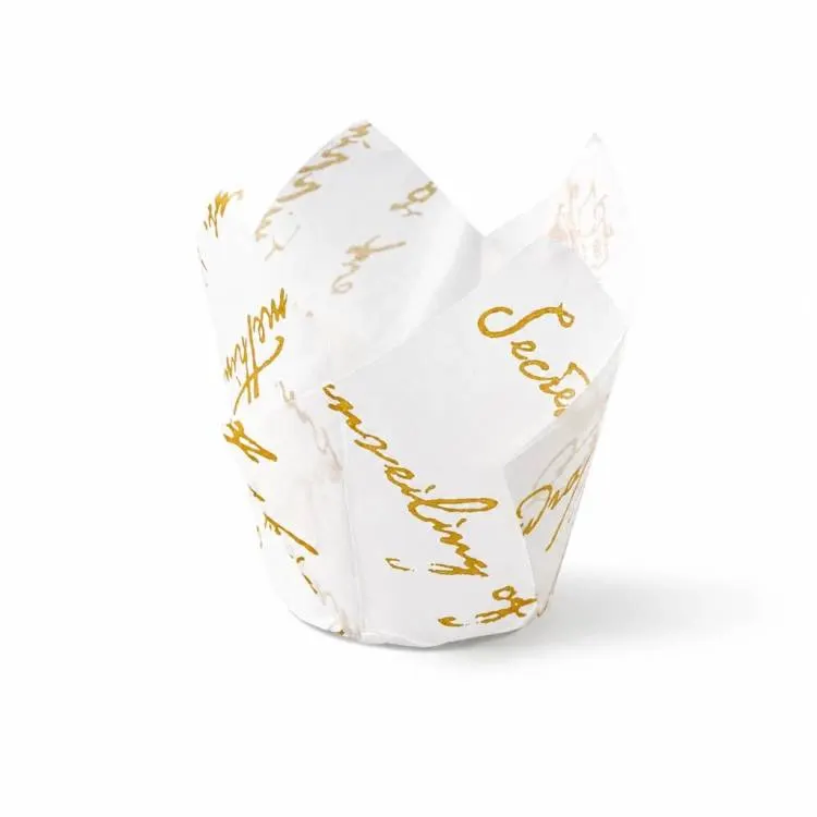 Papírové košíčky Tulip bílé se zlatým nápisem na muffiny a cupcakes, 50 kusů o rozměru 5 x 8 cm