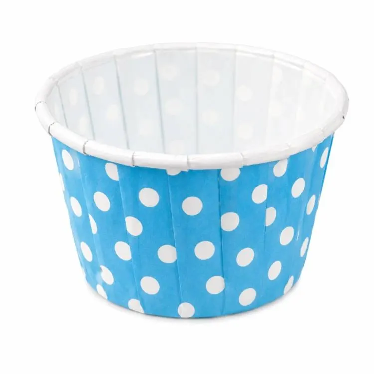Pevné modré papírové košíčky s bílými puntíky na muffiny a cupcakes, 100 kusů