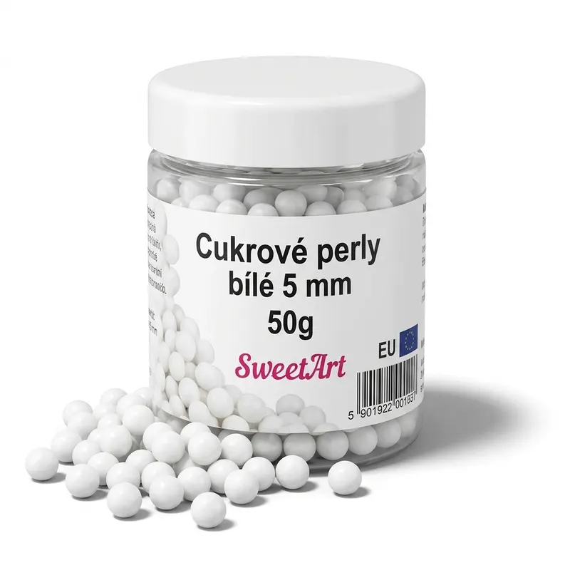 Cukrové perly SweetArt bílé o průměru 5 mm na zdobení dortů a cukrovinek, balení 50 g