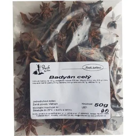 Celé hvězdy a lámané kousky badyánu značky Koření, 50 g, aromatické koření s lékořicovou vůní vhodné do pečení a nápojů