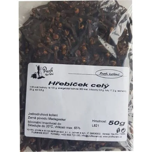 Celý hřebíček Koření v balení 50 g, sušené pupeny vhodné do perníků, svařených sirupů a ovocných náplní