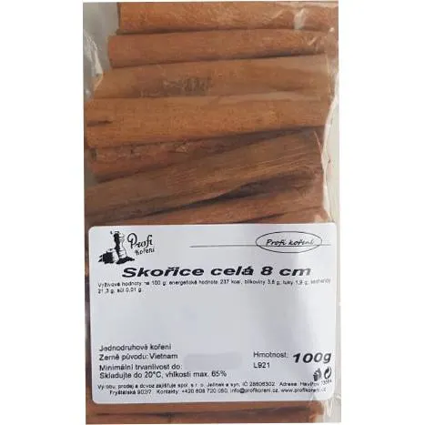Celá skořice čínského skořicovníku v tyčinkách 8 cm, balení 100 g, na pečení a dochucení nápojů