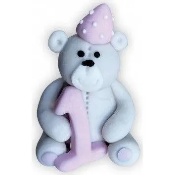 Cukrová figurka růžového medvídka s číslem 1 o výšce 6 cm na dort k prvním narozeninám