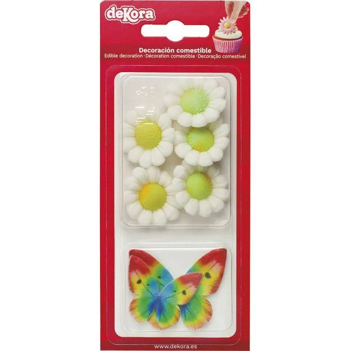 Cukrová dekorace s květy a motýlky od značky Dekora na zdobení dortů a cupcaků
