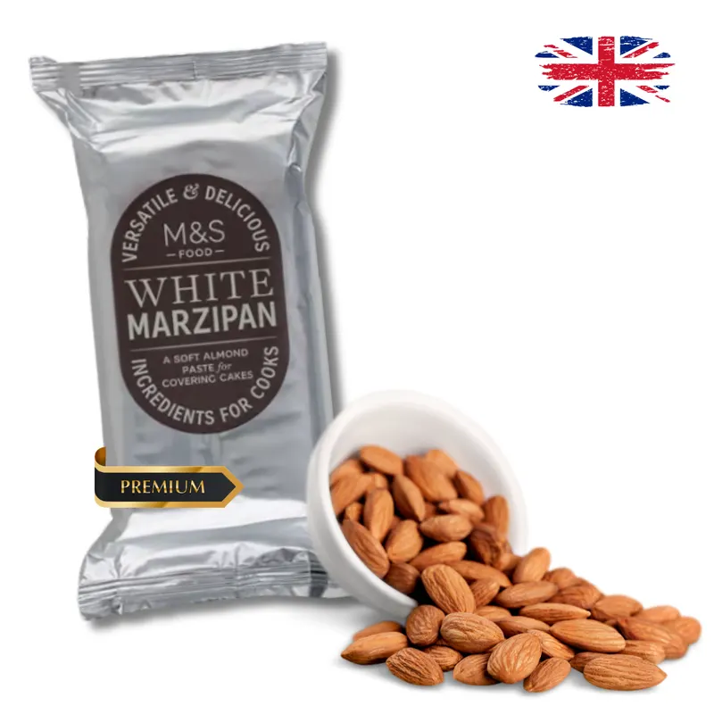 Světlý mandlový marcipán Marks & Spencer s 25% obsahem mandlí na potahování a modelování dortů o hmotnosti 500 g