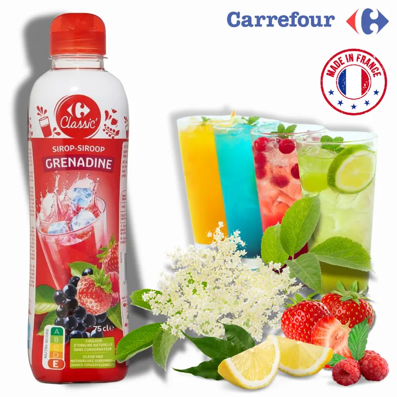 Francouzský grenadinový sirup Carrefour Original o objemu 750 ml pro přípravu nápojů a dezertů