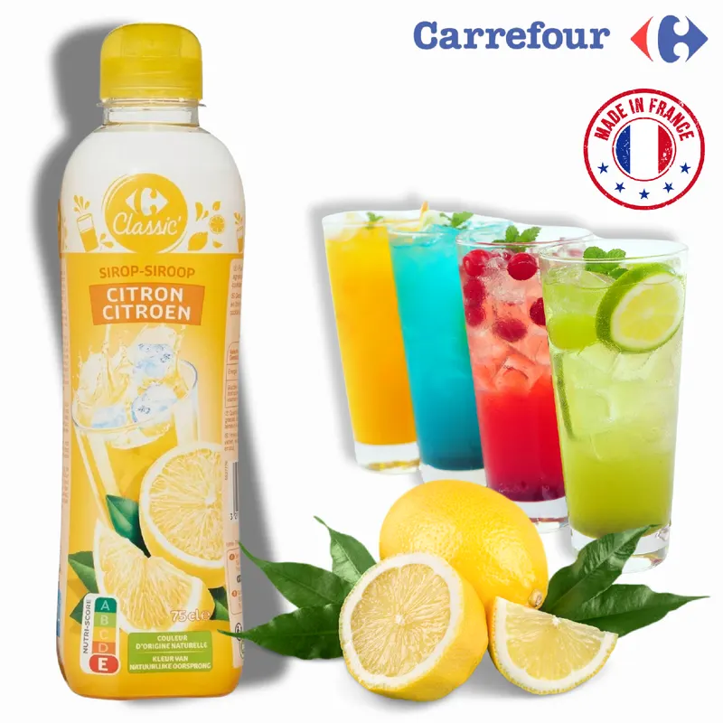 Francouzský citrónový sirup Carrefour s 26% ovocné složky v objemu 750 ml, vhodný na limonády, dezerty a koktejly
