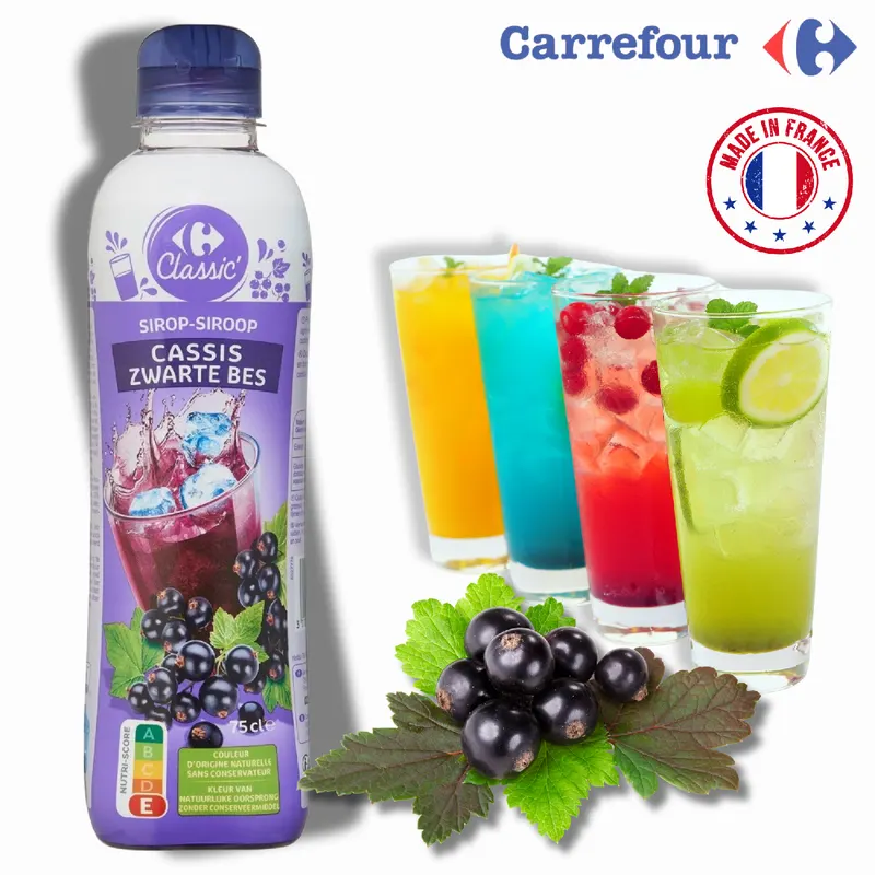 Francouzský rybízový sirup Carrefour Original s 31% obsahem ovoce, objem 750 ml, vhodný na limonády a dezerty