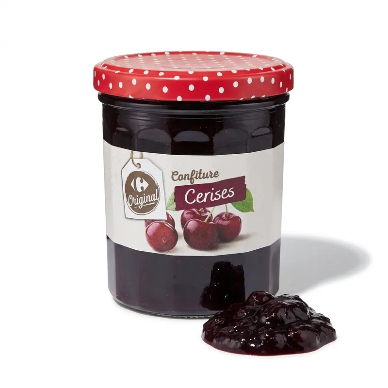 Třešňový džem Carrefour Original v sklenici 370 g určený k pečení a zdobení cukrářských výrobků