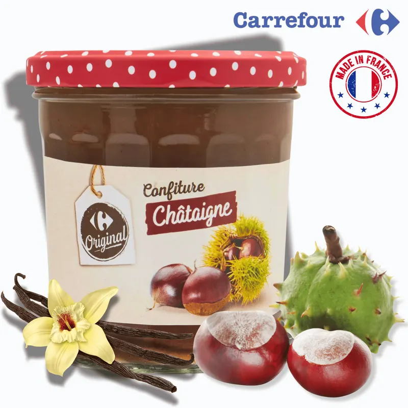 Kaštanový džem s vanilkou Carrefour Original, sklenice 370 g, francouzská receptura na pomazánku k pečivu