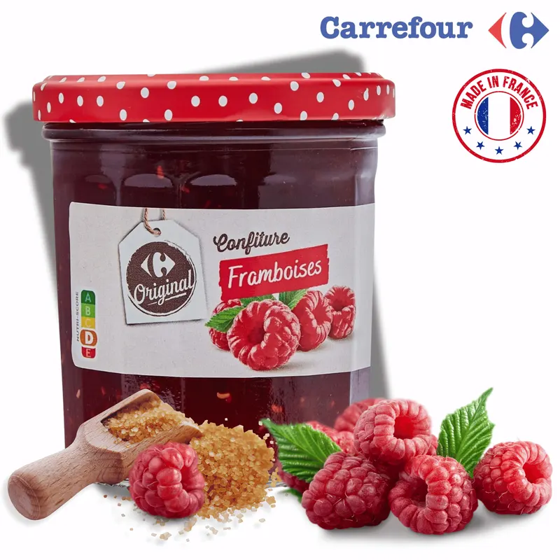 Malinový džem se třtinovým cukrem v balení 370 g, vhodný na plnění a promazávání moučníků