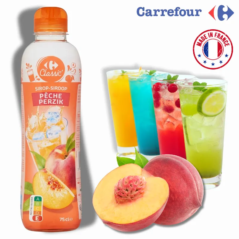Francouzský broskvový sirup s 50% podílem ovoce, balení 750 ml, vhodný na limonády, koktejly a dezerty