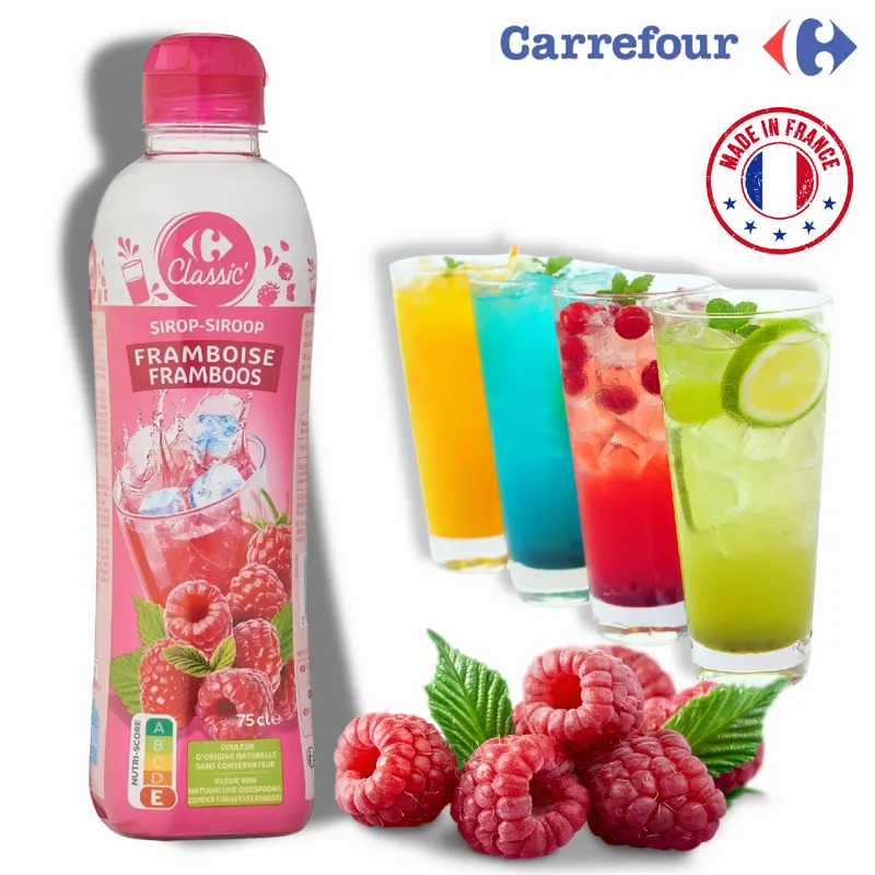 Malinový sirup Carrefour Original s 31% obsahem ovocné složky, 750 ml, vhodný na limonády, dezerty a koktejly