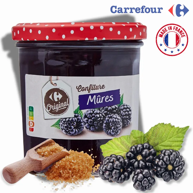 Ostružinový džem Carrefour se třtinovým cukrem v 370g sklenici na promazání dortů a plnění cukroví
