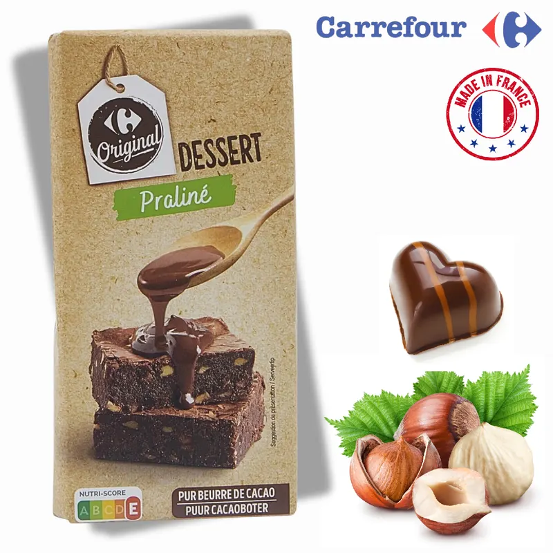 Francouzská mléčná čokoláda Carrefour Original s příchutí pralinek v balení 200 g určená do cukrářských dezertů