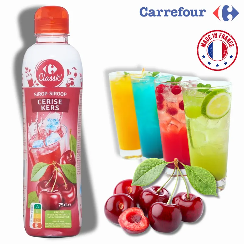 Francouzský třešňový sirup Carrefour s 25% ovocné složky v láhvi 750 ml