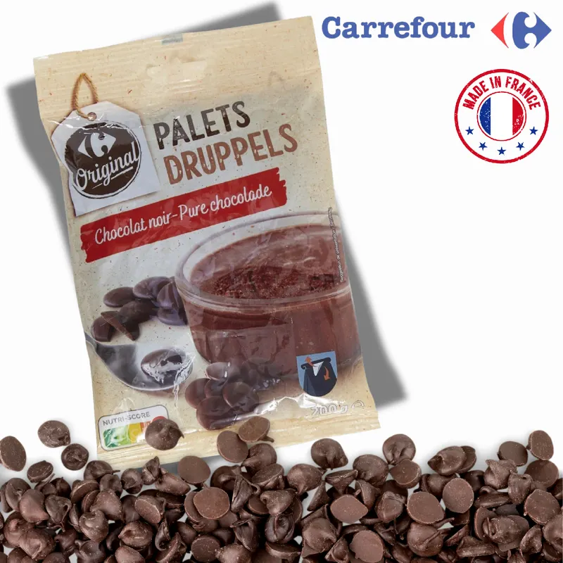 Tmavá cukrářská čokoláda v peckách od značky Carrefour Original z Francie, 200 g, vhodná na pečení a polevy