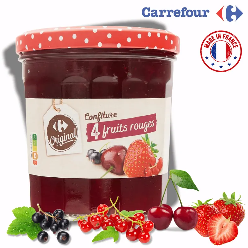 Džem Carrefour ze 4 druhů zahradního ovoce v zavařovací skleničce o hmotnosti 370 g