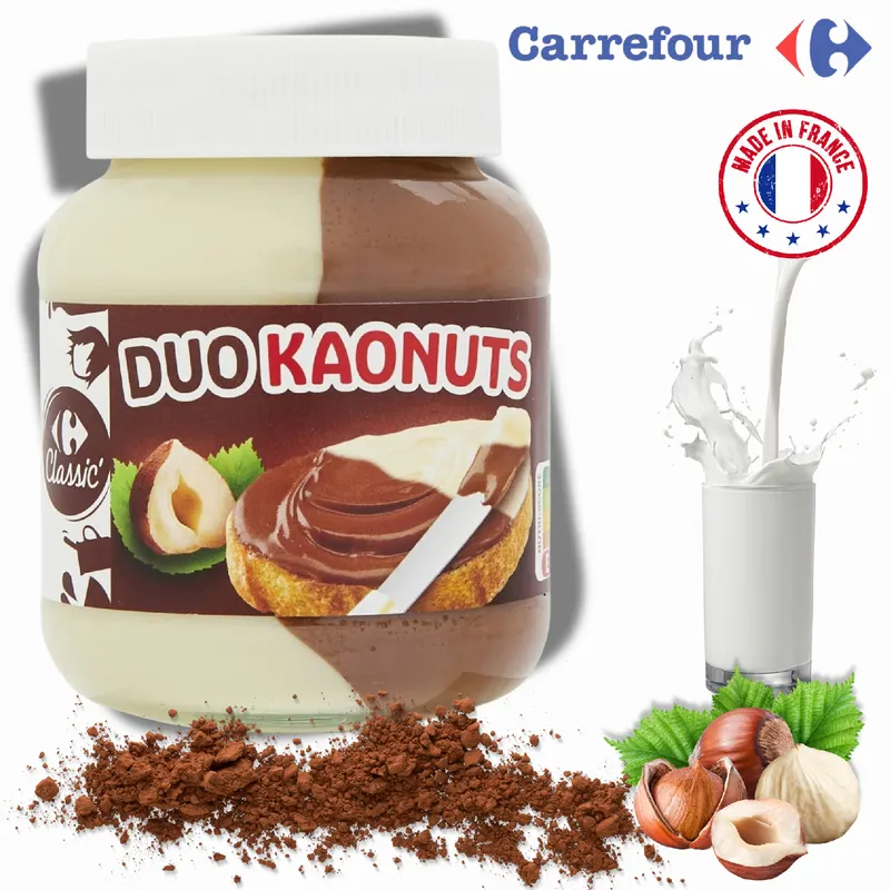 Dvoubarevná pomazánka Carrefour DUO KaoNuts s lískovými oříšky a kakaem v balení 400 g