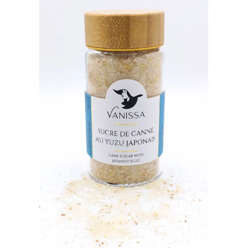 Cukr s příchutí yuzu od značky Vanissa v balení 100 g určený k pečení a dochucování dezertů