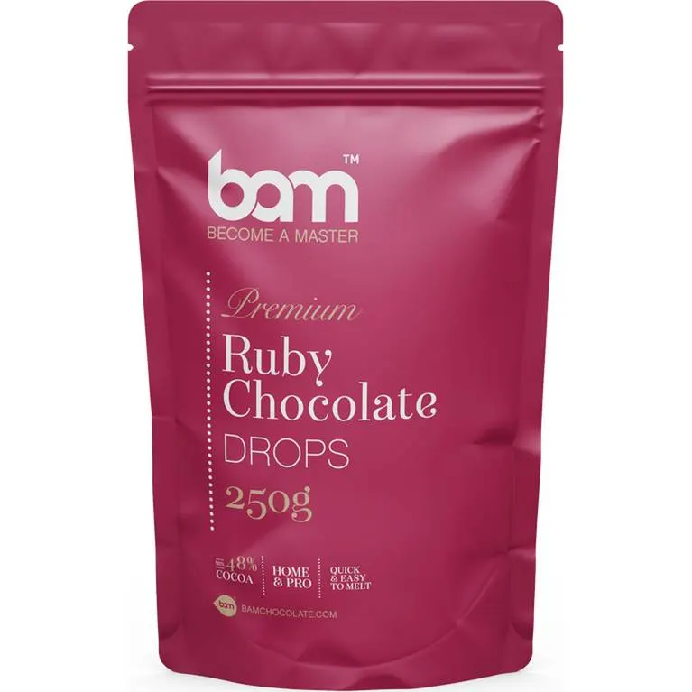 Rubínová čokoláda BAM v balení 250 g, prémiová růžová čokoláda s ovocnou chutí pro pečení a zdobení dortů