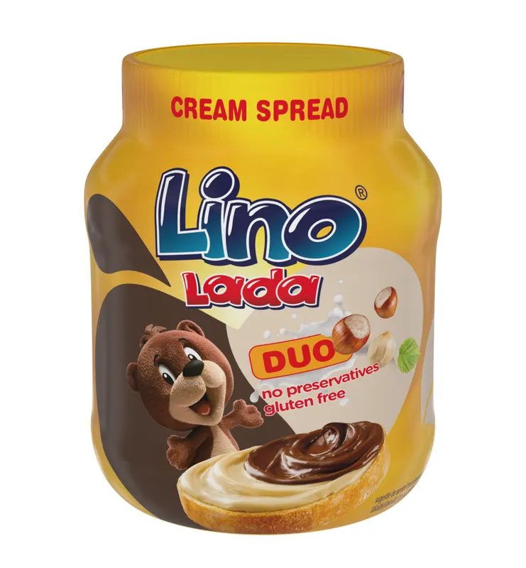 Míchaná pomazánka Lino Lada Duo v dvoubarevném složení z mléčného a kakaového krému na pečivo i do dezertů, balení 350 g